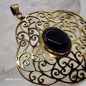 Onyx Gold Toned Ethnic Handmade Filigree Pendant Jewelry 2.27"